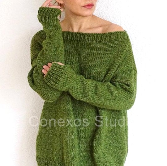 Olive Green Mix Sweater Alpaca Wool Sweater Jumper Loose