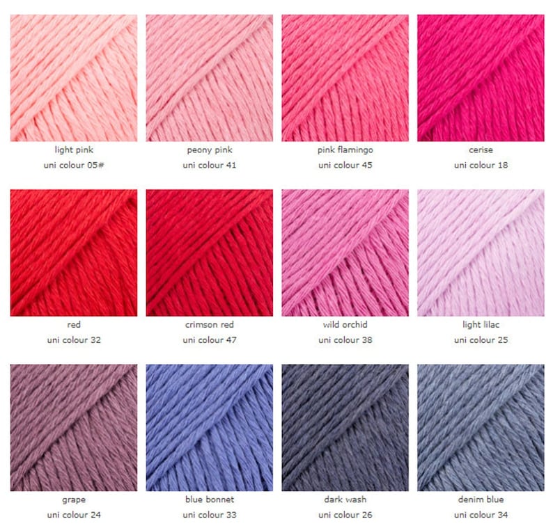May include: A collection of yarn samples in various shades of pink, red, purple, blue, and gray. The yarn is labeled with the color name and uni color number.