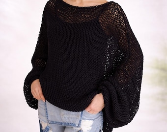 Handgestrickter, schwarzer Oversize-Pullover aus transparentem Mesh | Boho-Stil für Damen | Locker geschnittener Pullover