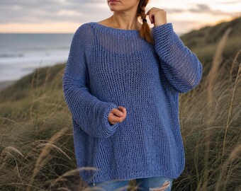 Blue Bonnet Knit Sweater| Sheer Mesh Top| Oversized Cotton Tunic