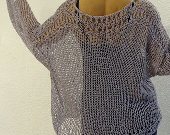 Hand Knitted Cotton Sweater Loose Knit Mesh Pullover Slouchy