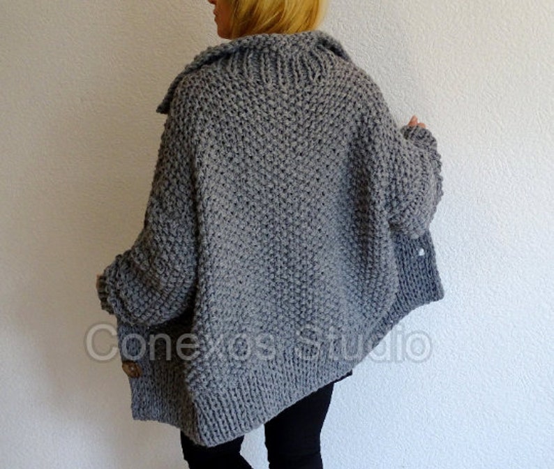 Pearl Cocoon graue Strickjacke, Locker gestrickte Oversized Slouchy reine Wolle Boho Damen Strickjacke, Merino Wolle grobstrick Slouchy Oversized Pullover Bild 6