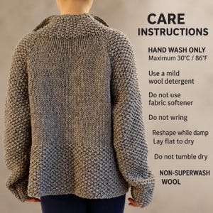 Care instructions for a non superwash 100% wool cardigan, including hand washing at 30°C and drying flat.