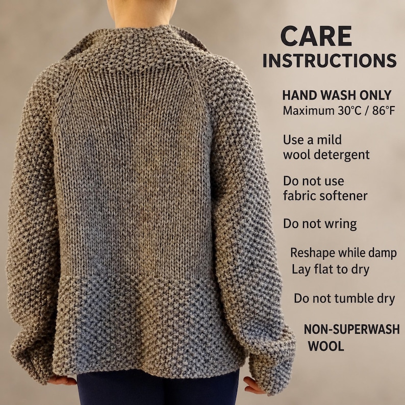 Care instructions for a non superwash 100% wool cardigan, including hand washing at 30°C and drying flat.