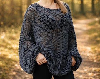 Grey Oversized Knit Sweater | Boho Mesh Tunic | Slouchy Cotton Blend Pullover