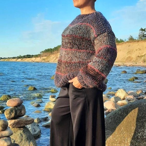 Ready to Ship Hand Knit Striped Oversized Sweater Cozy Chunky Wool