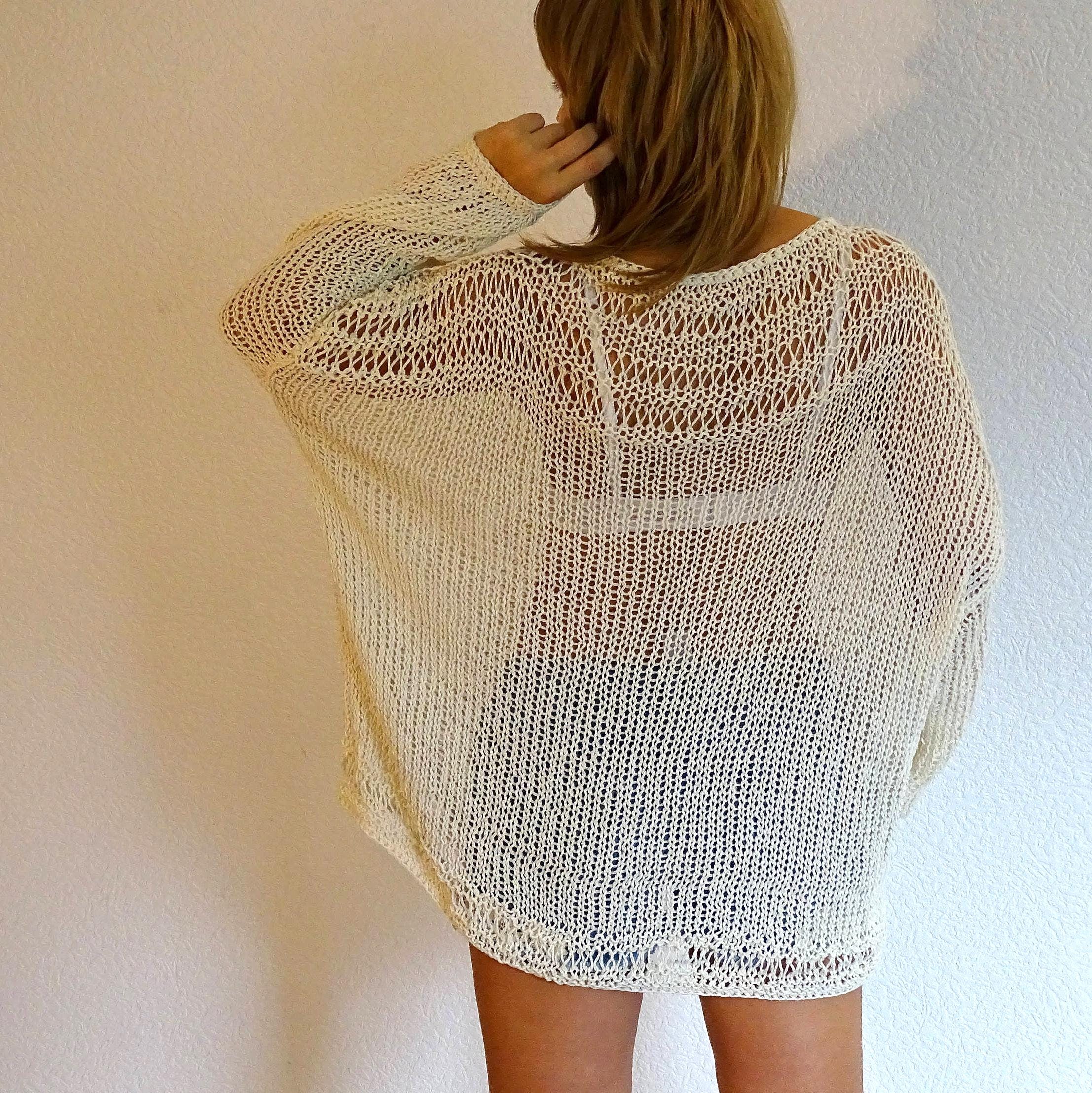 Off White Loose Knit Sweater Mesh Sweater Tunic See Through