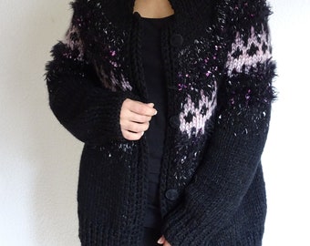 Ready to ship, Black chunky bulky knit jacket, Fair isle lopapeysa cardigan sweater, Hand knit warm wool women's sweater