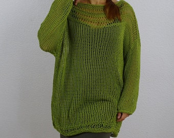 Apple green sweater, Sheer mesh tunic, Loose knit oversized long sweater tunic, Boho style slouchy summer top tunic sweater, Made to order