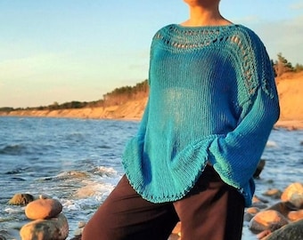 Hand Knit Turquoise Cotton Blend Sweater Boho Beach Cover-Up