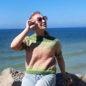 Hand Knit Gradient Sweater Lightweight Mohair Blend Pastel Green Pink