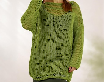 Apple Green Mesh Knit Tunic Oversized Boho Sweater Sheer Summer Beach Top Handmade