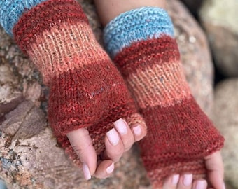 Prêt à expédier, mitaines rouillés, gants en laine de soie d'alpaga, mitaines en tricot, gants à doigts ouverts, chauffe-mains en tricot