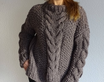 Hand Knit Merino Wool Cable Knit Sweater Oversized Aran Jumper