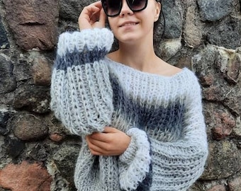 Versandfertig, Handgestricktes Crop Top, Gerippter kurz geschnittener Pullover, Puff Ballon-Ärmel, Slouchy Chunky Oversized Pullover, Boho Pullover Pullover