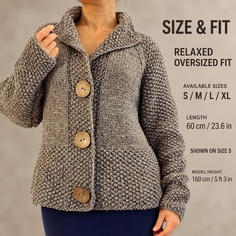 Size and fit guide for a Ash brown oversized wool cardigan, available in sizes S to XL and shown on a size S model.