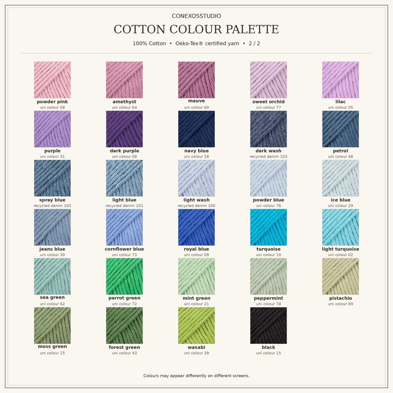 ConexosStudio cotton yarn colour chart, card 2 of 2, showing 29 pink, purple, blue and green shades plus black, with names and codes, including moss green 25.