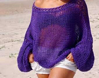 Off Shoulder Mesh Knit Sweater Oversized Boho Beach Cover Up Slouchy Festival Top