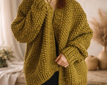 Hand Knit Alpaca Wool Cardigan Chunky Green Boho Jacket