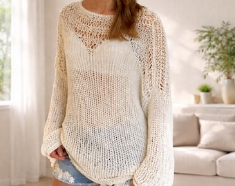 Oversized Boho Knit Sweater Women Loose Crochet Pullover Lightweight Summer Knit Top Bohemian Clothing