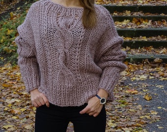Hand knit womens sweater/ Loose knit/ Pullover/ Oversized/ Slouchy/ Cable knit/ Knit pullover/ Knit sweater/ Pure merino wool sweater