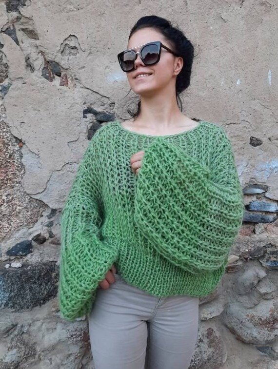 Green Ribbed Cropped Mesh Sweater, Loose Knit Long Sleeves Sweater