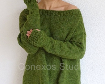 Olive green mix alpaca wool loose knit long slouchy thumb hole boho style sweater jumper pullover Spring hand knitted sweater Made to order