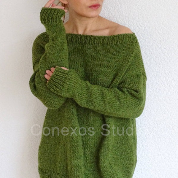 Olive green mix alpaca wool loose knit long slouchy thumb hole boho style sweater jumper pullover Spring hand knitted sweater Made to order