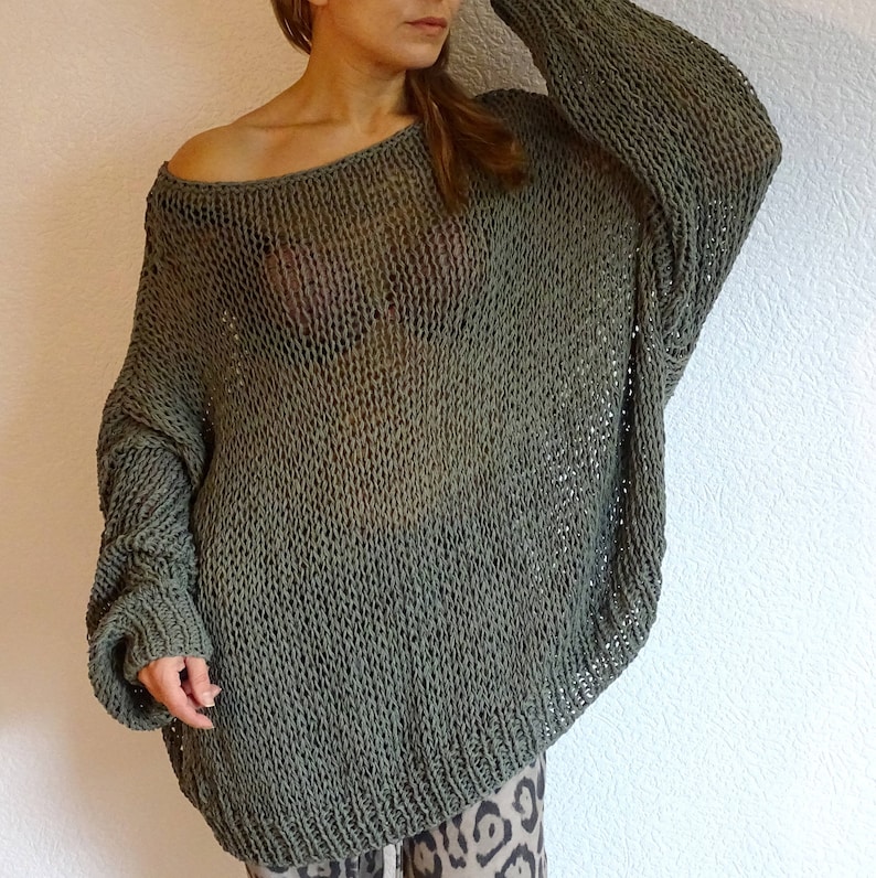 Retro Steel knit sweater, Slouchy oversized bohemian long sweater, Knit bulky cotton sweater, Knit khaki sweater jumper, Made to order imagem 2