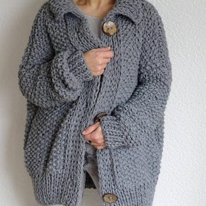 Hand Knitted Chunky Merino Wool Cardigan |Oversized Grey Sweater Coat