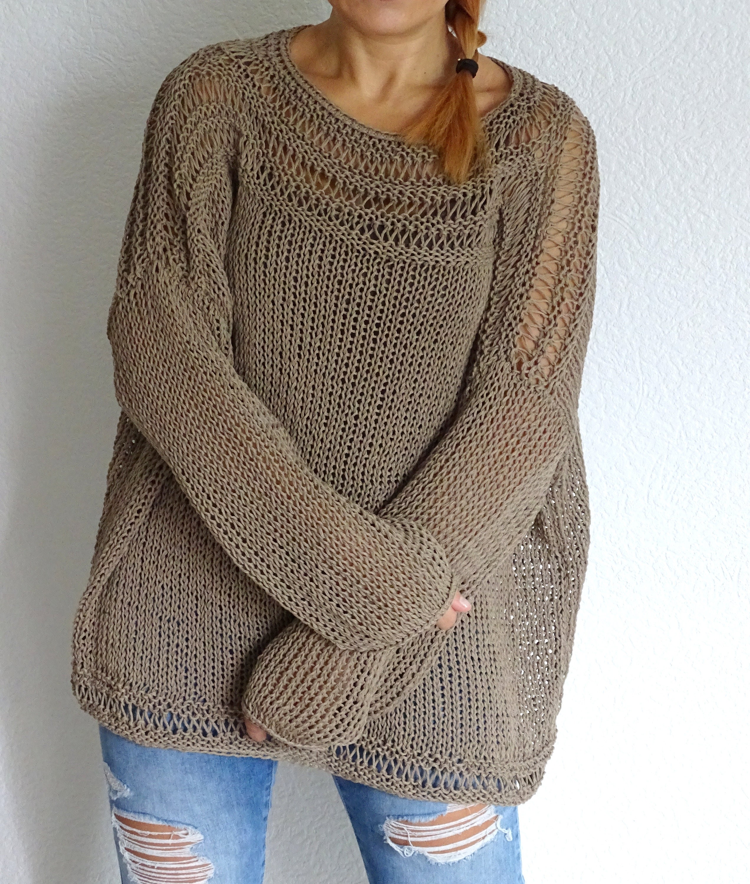 Brown Loose Knit Oversized Cotton Sweater Loose Knit Summer Etsy Canada