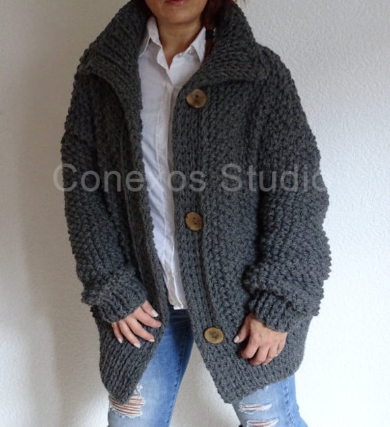 Dark gray chunky oversized knit cardigan, chunky slouchy knit, oversized knit, loose knit cardigan, oversized sweater, cozy slouchy cardigan image 3