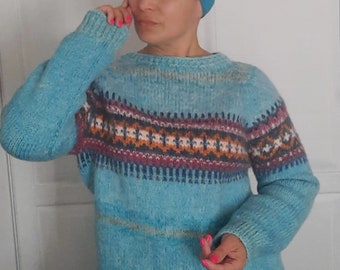 Ready to ship, Rocks Knit Sweater, Icelandic Fair Isle Pullover Sweater, Nord lander Folk style knit jumper, Blue sweater, Gift ideas, Sale