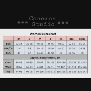 ConexosStudio women’s size chart showing XS to XXXL conversions for European, USA, Canadian and Russian sizes, with approximate chest, waist and hip measurements in centimetres.