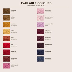 Pure wool colour palette with brown, yellow, red, pink, burgundy and blue yarn shades with their corresponding colour codes.
