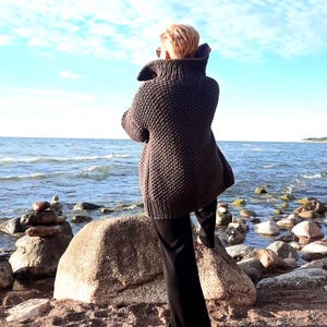 Brown Loose Knit Cunky Overcoat Oversized long Slouchy women&#39;s Cardigan Bohemian style Jacket Alpaca Wool Sweater Made to order Gift ideas