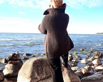 Hand Knit Alpaca Wool Cardigan Bohemian Slouchy Overcoat