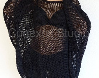 Black Seagull Sheer Mesh tunic Hand Loose Knit Oversized Sweater Tunic Slouchy Extra Long Sleeves Style Plus One Size Knit Tunic Sweater