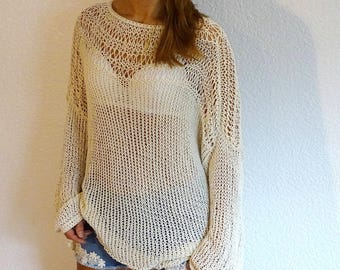 Off White Loose Knit Sweater Mesh Sweater Tunic See Through