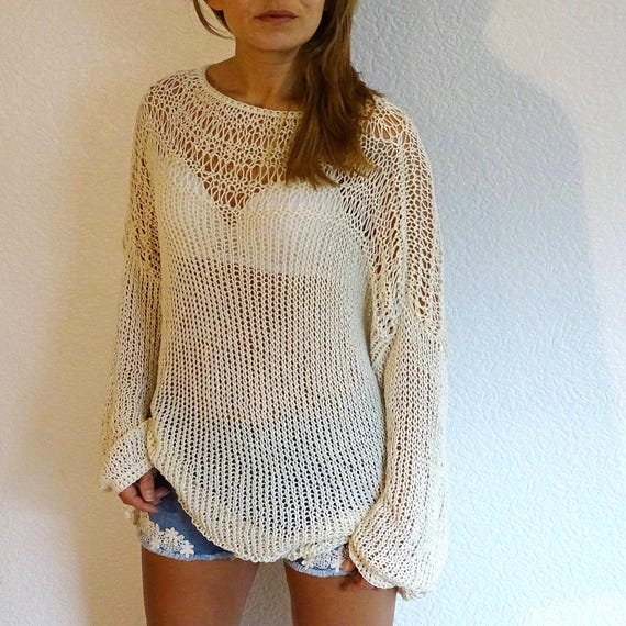 Off White Loose Knit Sweater Mesh Sweater Tunic See Through