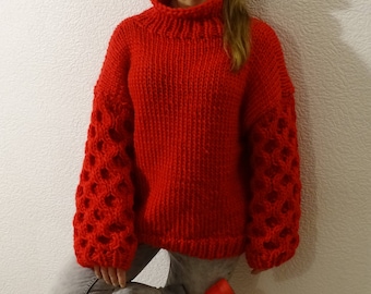 Red Chunky Merino Wool Sweater Cable Knit Turtleneck Slouchy Sleeves