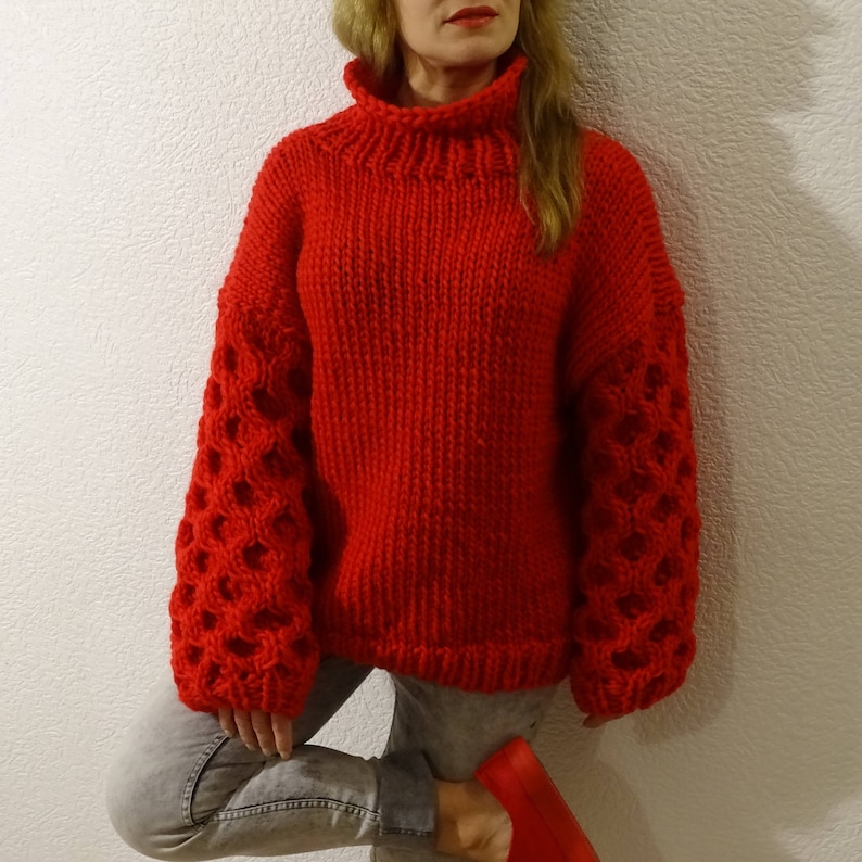 Red Heart chunky merino pure wool sweater, Loose knit oversized sweater, Slouchy long sleeves sweater, Cable knit sweater, Made to order