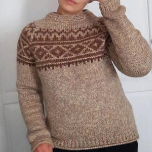 Ready to ship Hand Knit Fair Isle Sweater Icelandic Nordic Pullover Beige Brown Cozy Jumper Ready to Ship Gift for Her or Him Gift ideas