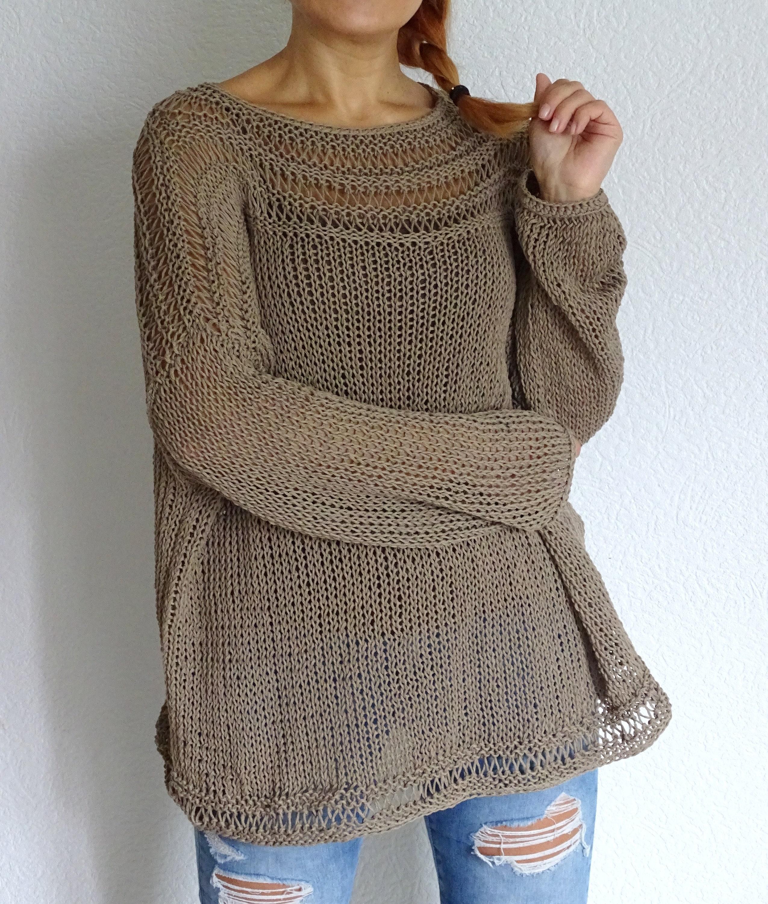 Khaki Sheer Knit Sweater Oversized Cotton Boho Top - Etsy