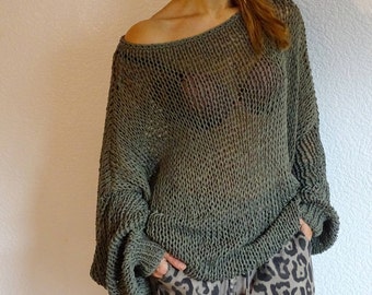 Retro Steel knit sweater, Slouchy oversized bohemian long sweater, Knit bulky cotton sweater, Knit khaki sweater jumper, Made to order