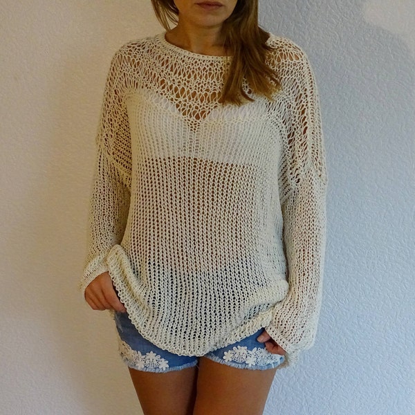 Off white loose knit sweater, Mesh sweater tunic, See through top, Loose fishnet sweater, Boho free style beach top blouse,  Made to order
