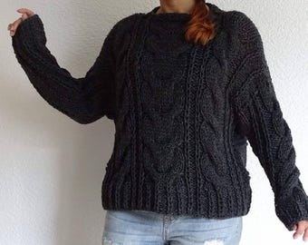 Knit Alpaca Wool Cable Sweater Slouchy Oversized Chunky Jumper Womens Spring Pullover