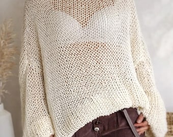 Handmade Oversized Knit, Cotton Beach Sweater, Coastal Knitwear, Slow Fashion Pullover, Loose Knit Top