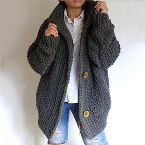 Dark Grey Oversized Chunky Cardigan Loose Fits Slouchy Layering Cardigan for Women Hand Knit Alpaca Wool Street style Overcoat Made to order