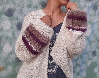 Cardigan lavorato a maglia bianco, soffio in lana merino Mohair a maniche lunghe sciatte, cardigan maglione avvolgente bomber casual da donna oversize e vestibilità ampia